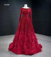 Red Long Sleeve Scoopneck Sparkling Evening Ball Gown - FashionByTeresa